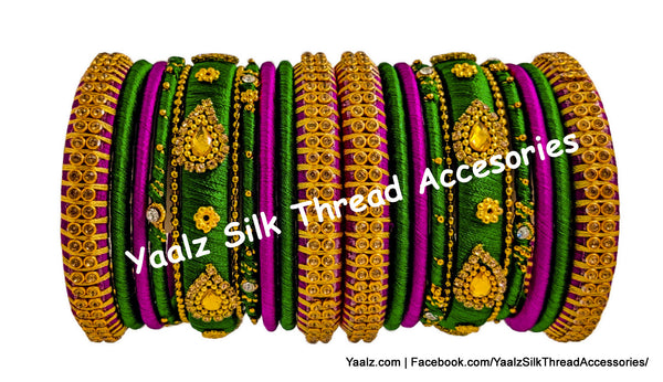 Yaalz Silk Thread Metal Mix Partywear Bangle Set In Pine Green